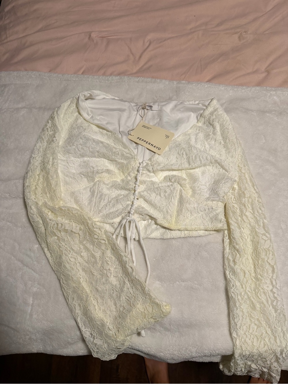 Peppermayo Cream Lace Ruched Long-Sleeve Crop Top